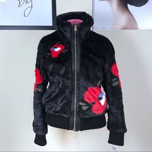 NWT Marc New York Faux Fur Bomber Jacket Floral Size S Satin Lined